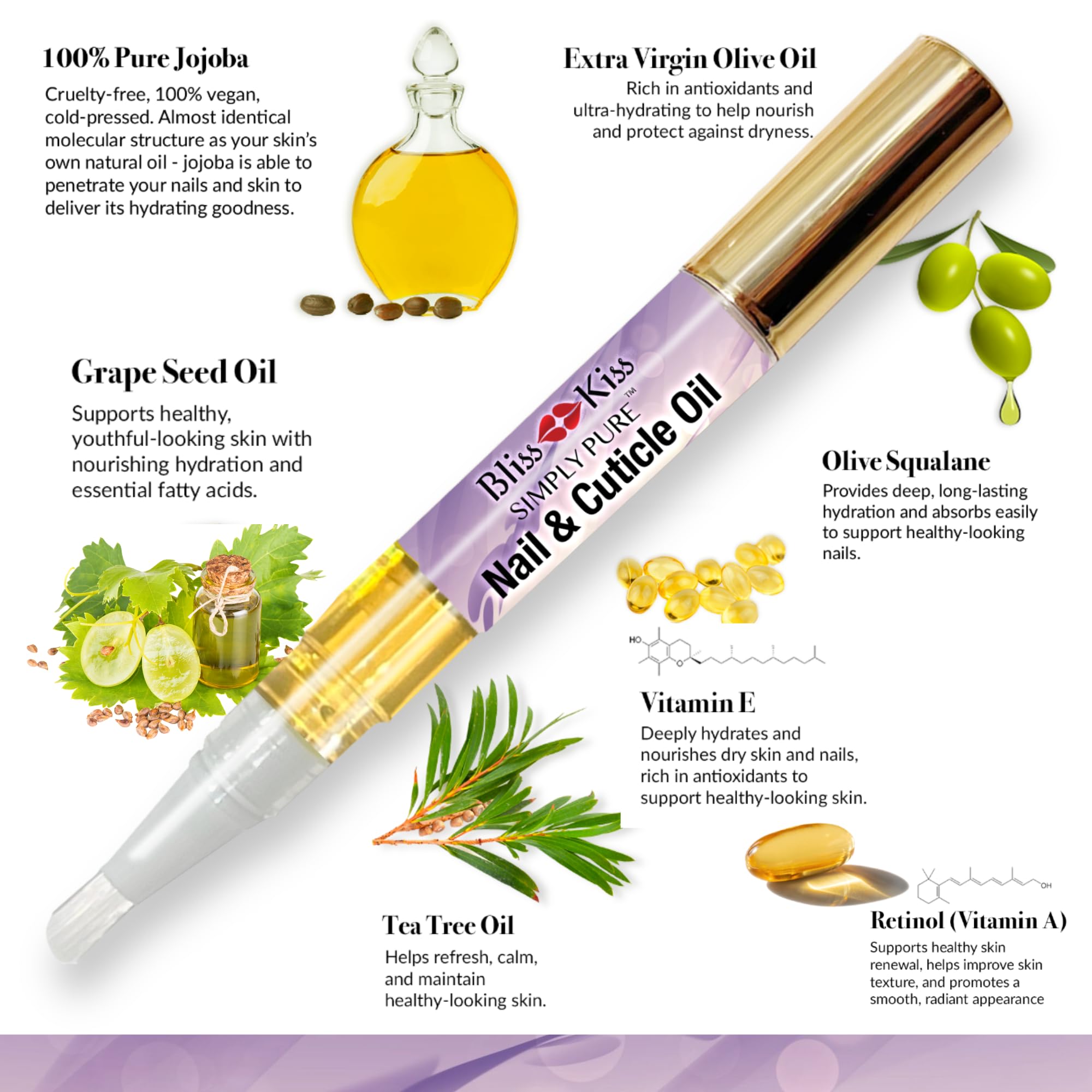 Bliss Kiss cuticle oil pen applying to nails for targeted nourishment.