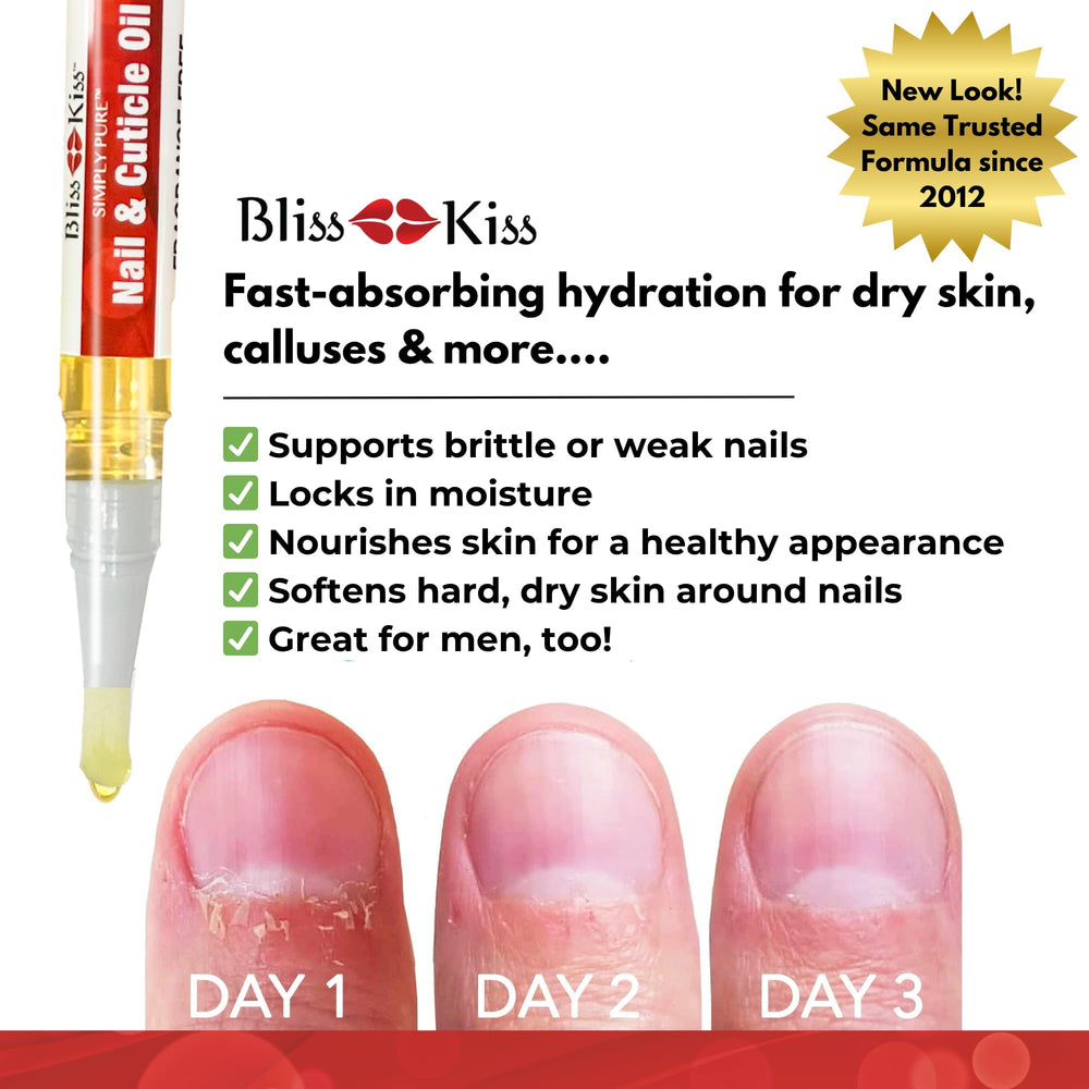 Bliss Kiss fragrance-free nail oil pen shown in use.