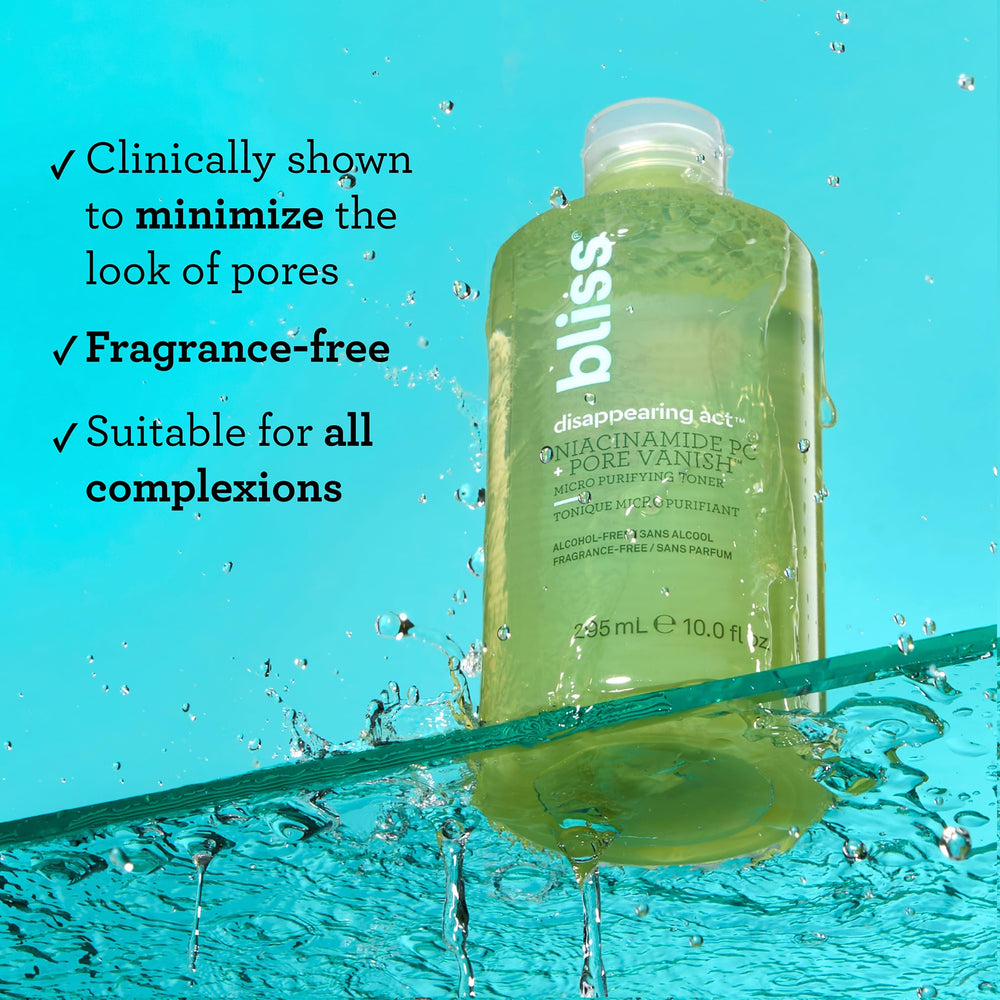 Bliss Disappearing Act Niacinamide Toner pore-minimization application highlights smoother skin