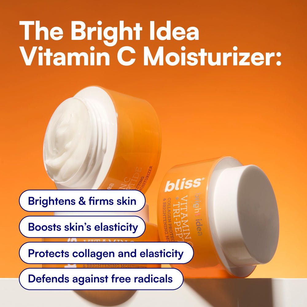 Bliss moisturizer jar closeup reveals creamy texture enriched with vitamin C.