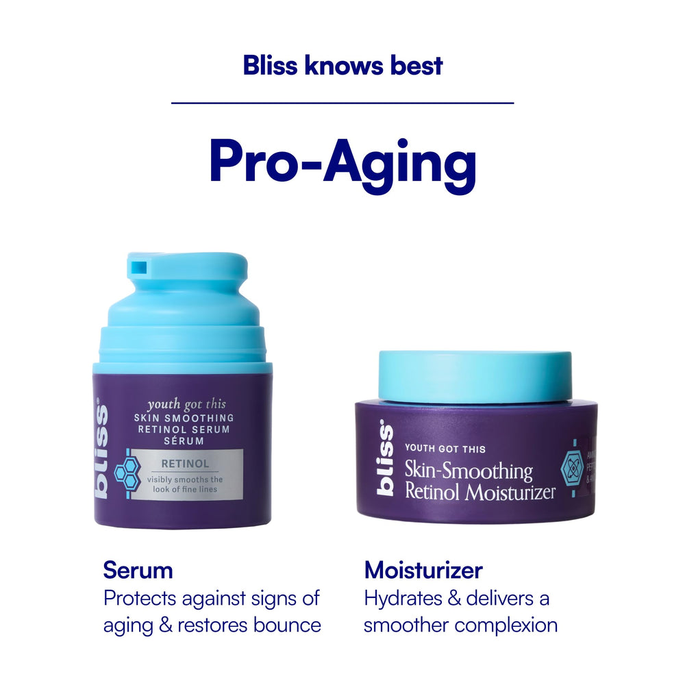 Skin texture close-up with Bliss Youth Got This Retinol Moisturizer showing refined tone.