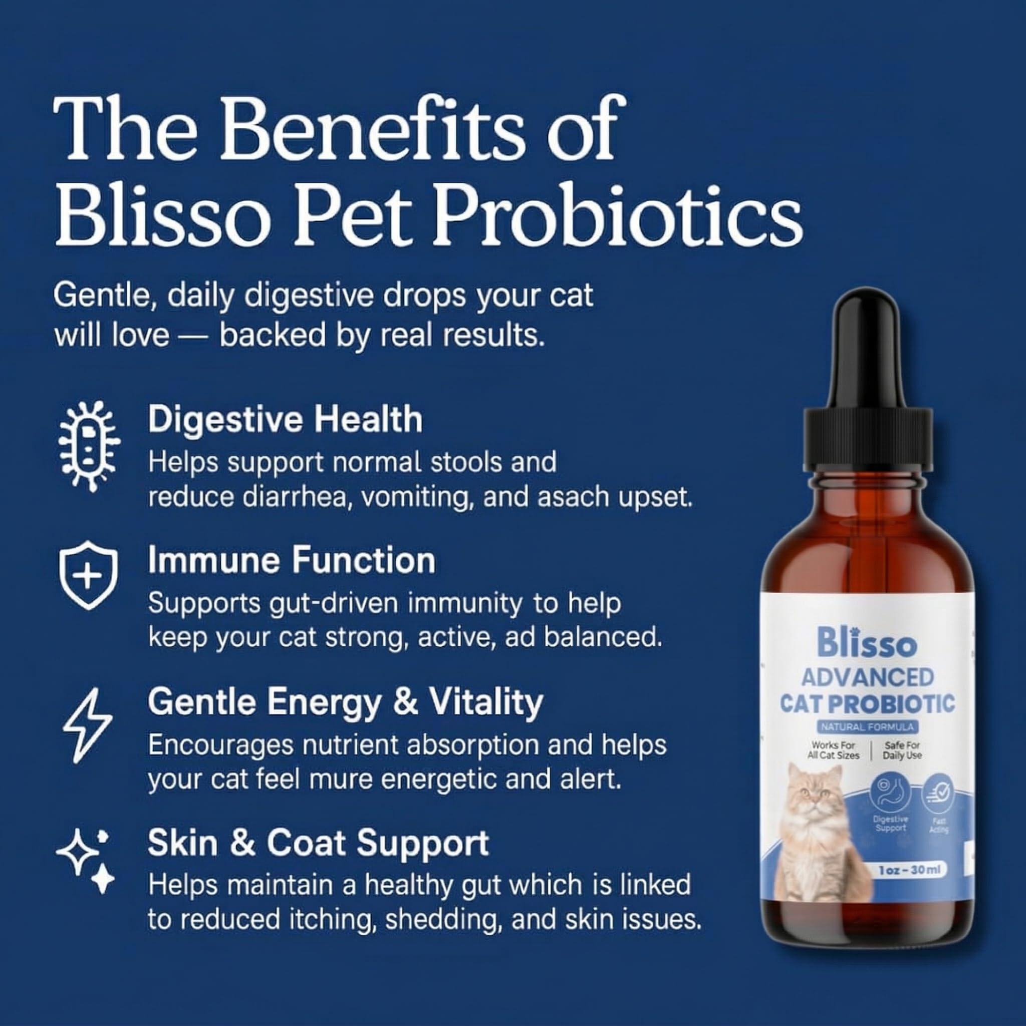 Close-up of Blisso Drops dropper dispensing into cat food for gut health.