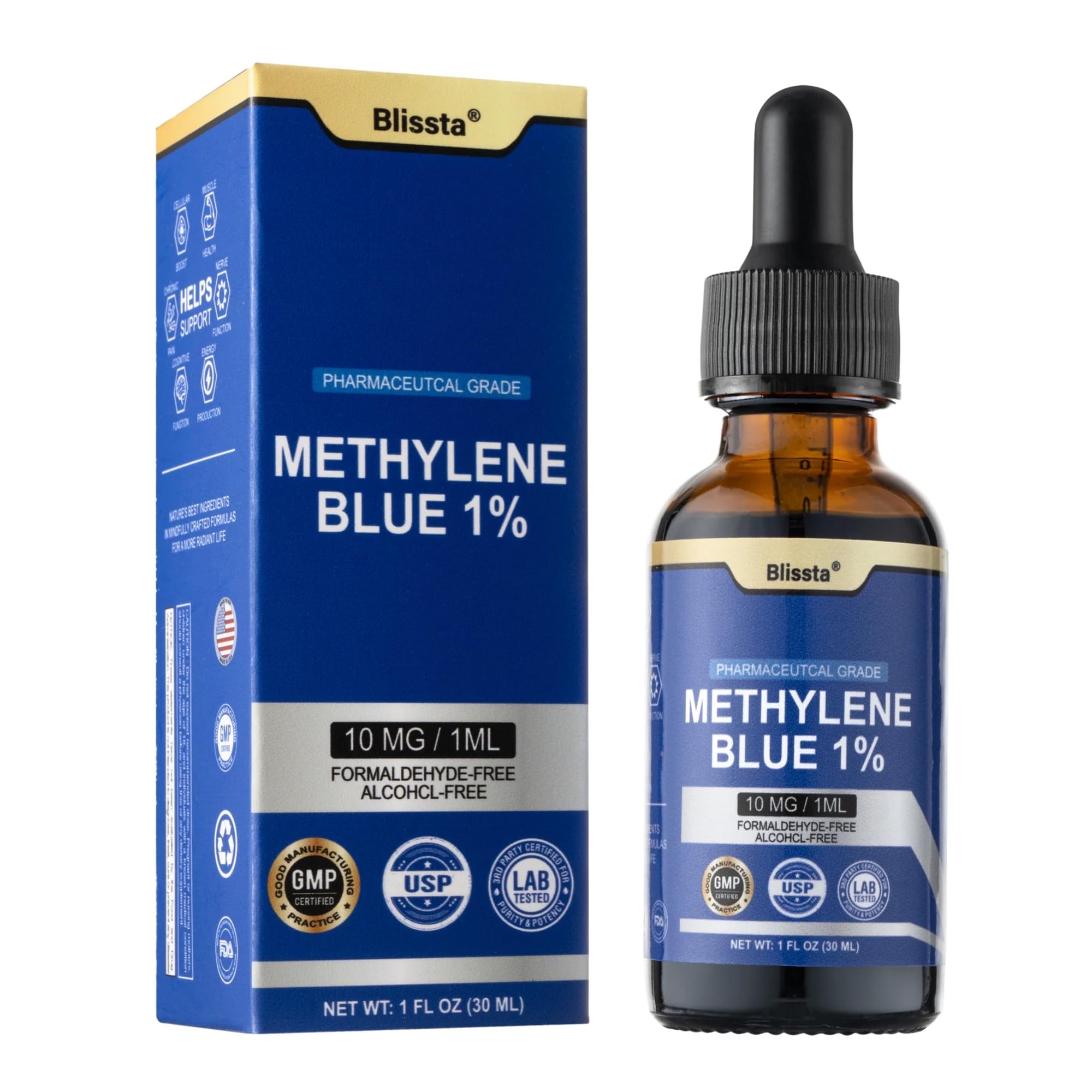 Blissta Methylene Blue 1% bottle front view for cognitive support.