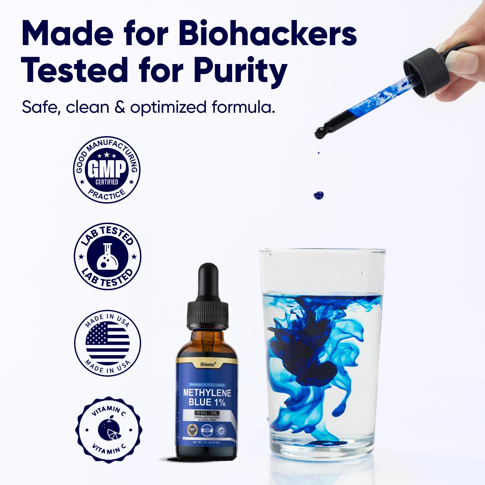 Blissta Methylene Blue 1% bottle on desk for daily routine.