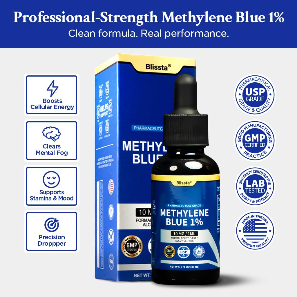 Blissta Methylene Blue 1% bottle with dropper for easy daily use.