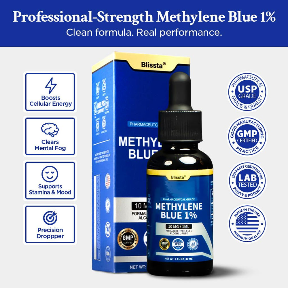 Blissta Methylene Blue 1% bottle with dropper for easy daily use.