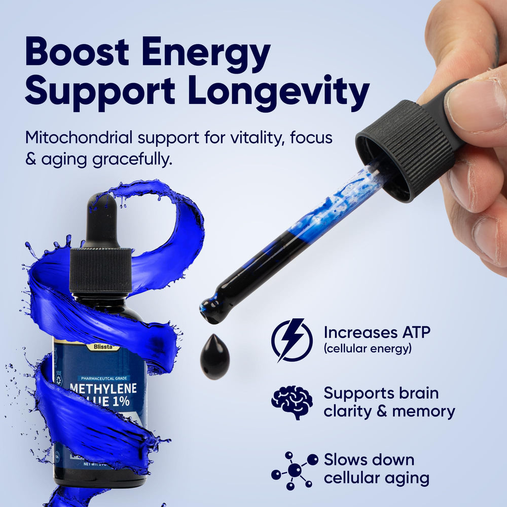 Blissta Methylene Blue 1% drops in water for quick use.