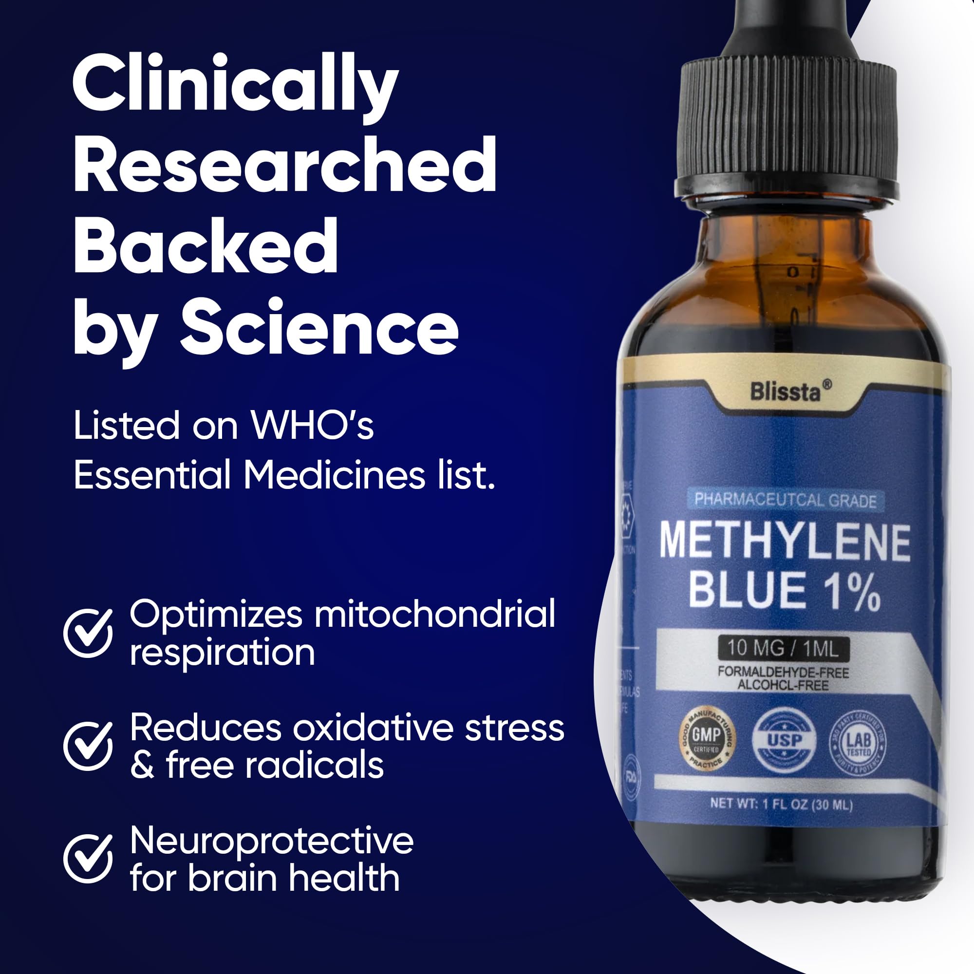 Blissta Methylene Blue 1% lab results verify third party testing.