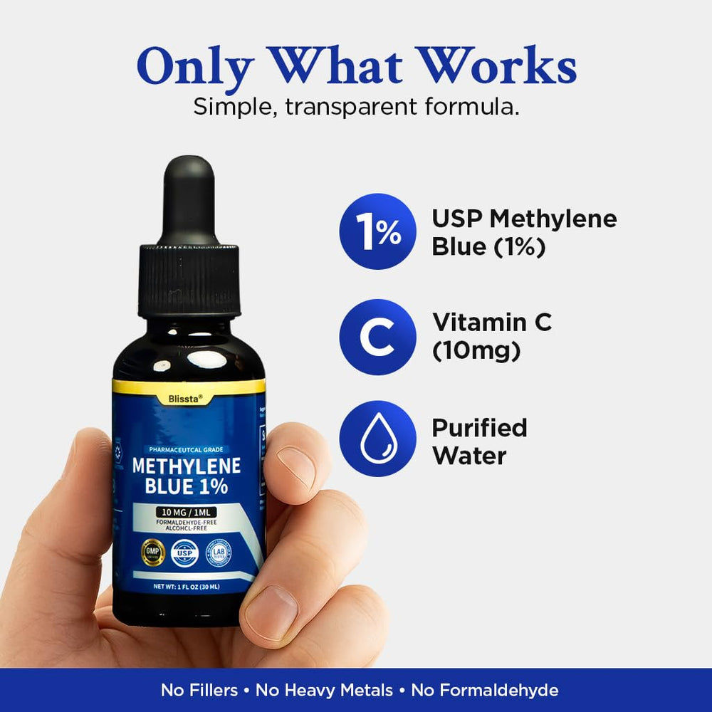 Blissta Methylene Blue 1% UV glass bottle preserves potency.