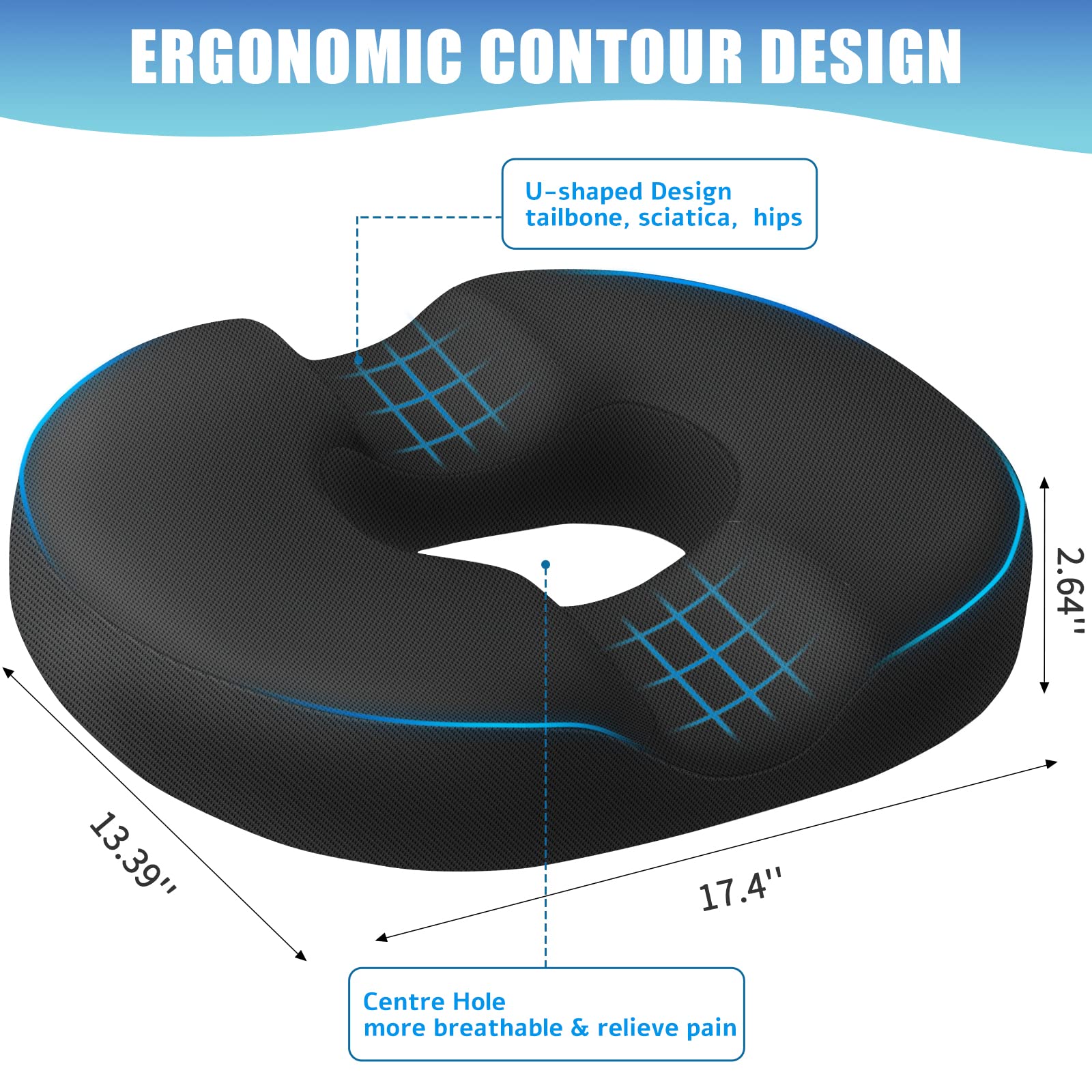 BlissTrends donut pillow front view shows ergonomic design reducing hip pressure.