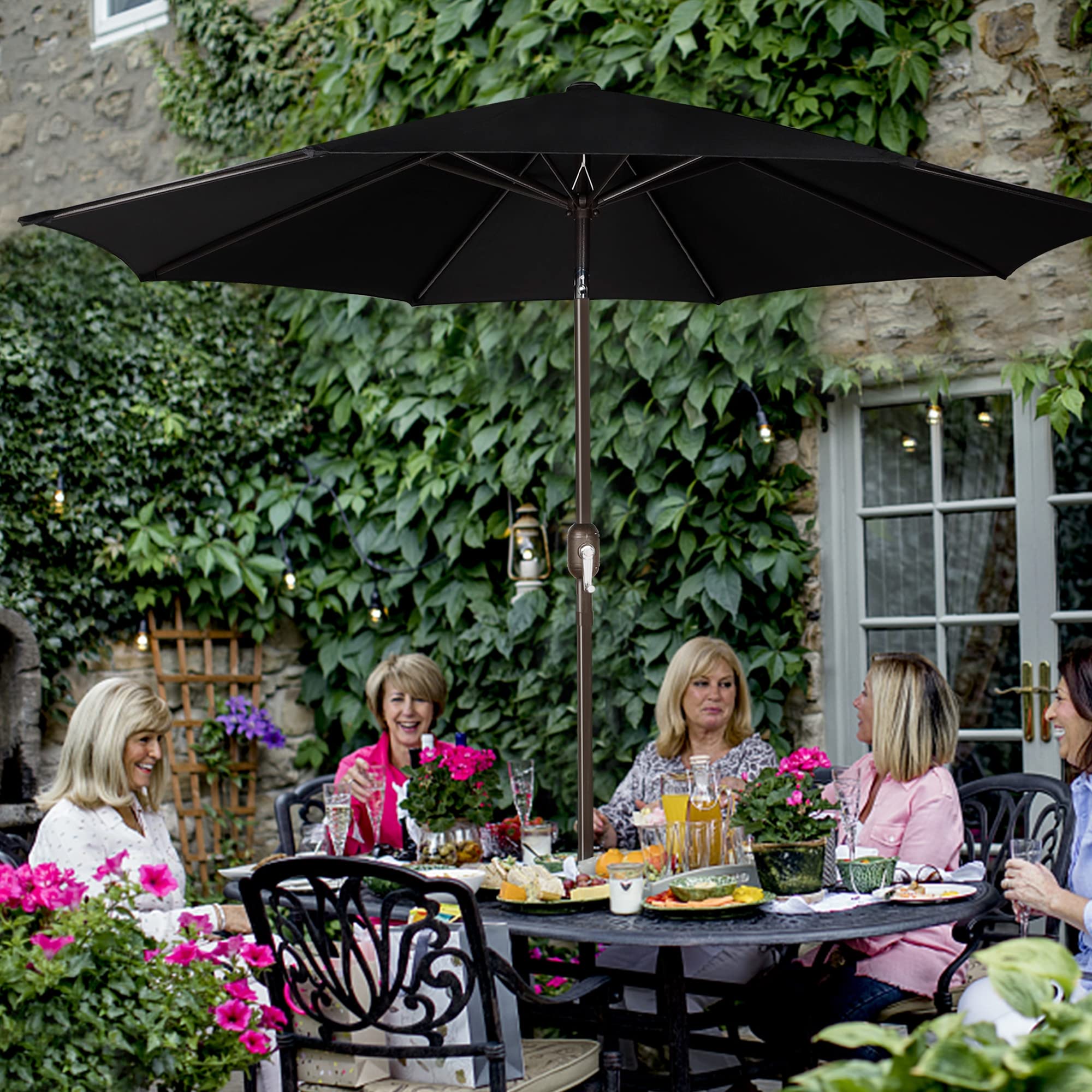 Blissun black umbrella suited for residential and commercial spaces like cafes or pools.