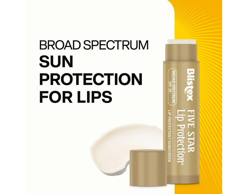 Blistex Five Star Lip Protection icons show Panthenol and Wheat Germ Oil benefits