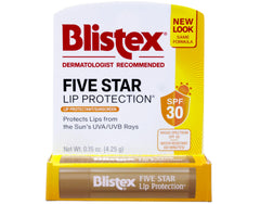Blistex Five Star Lip Protection SPF30 tube highlighting UV protection