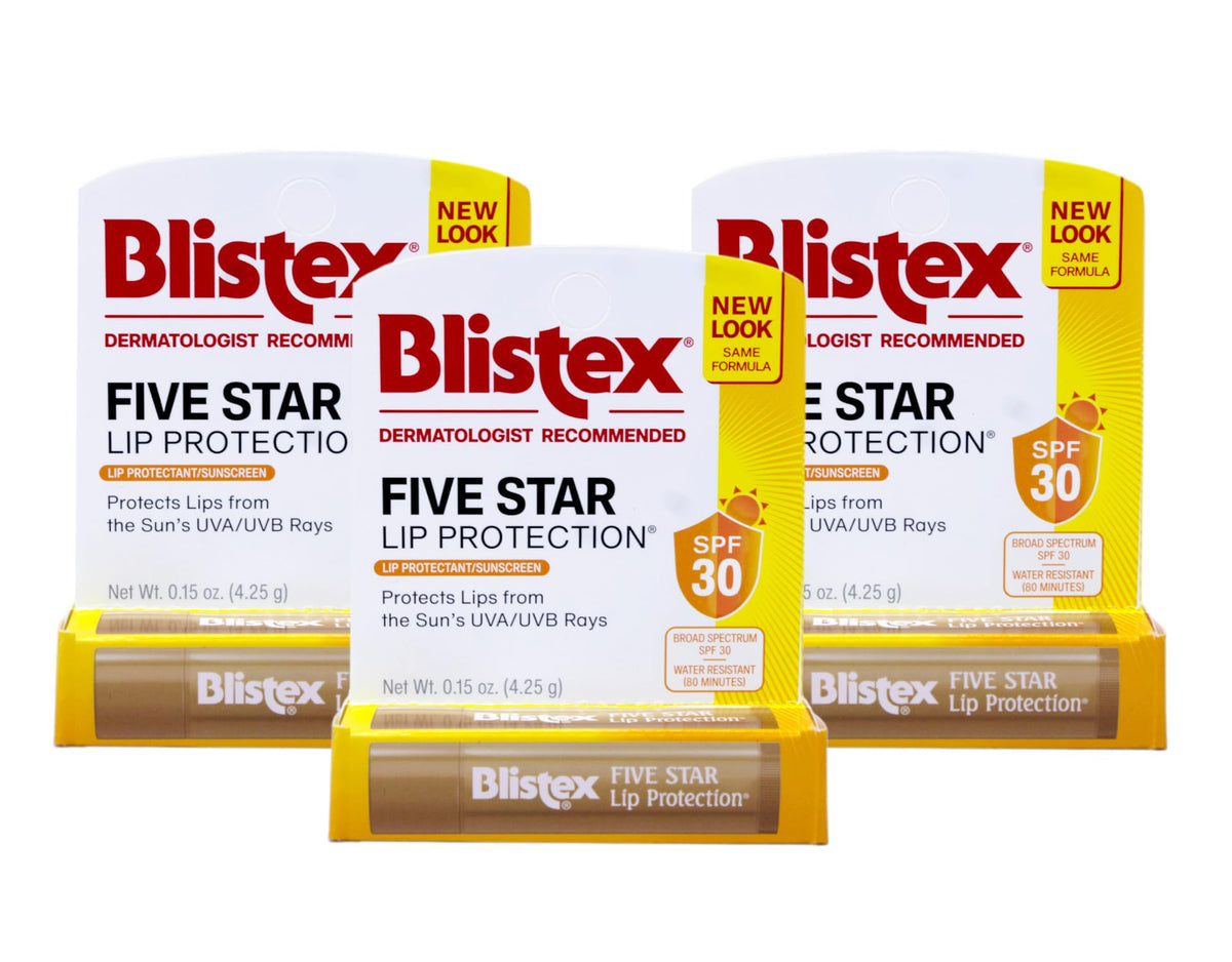 Blistex Five Star Lip Protection three-pack on display, shielding lips daily