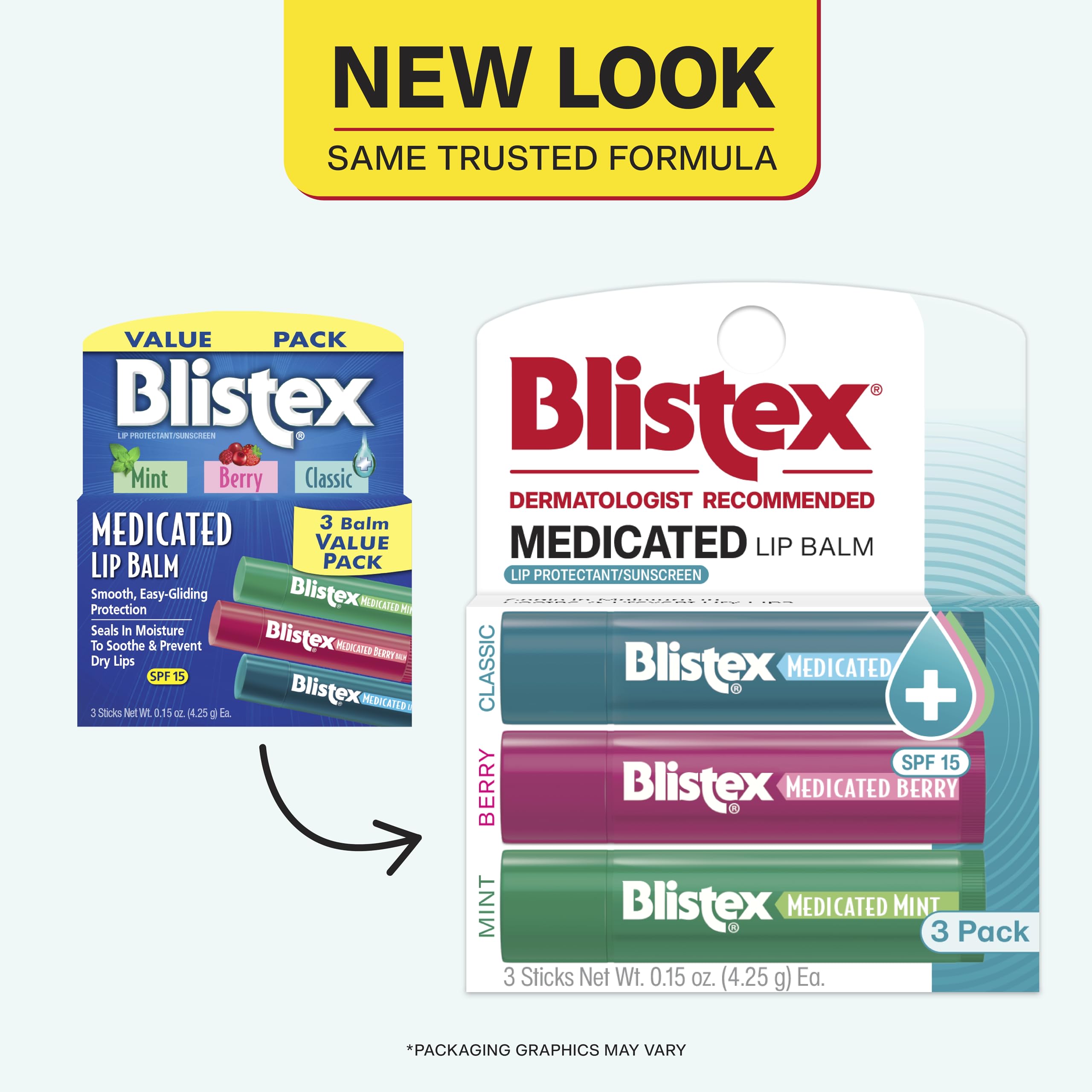 Blistex Medicated Lip Balm Mint packaging highlights refreshing flavor and lip protection.