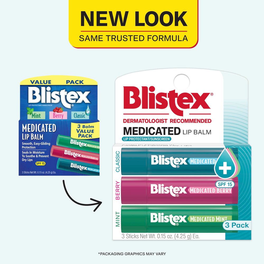 Blistex Medicated Lip Balm Mint packaging highlights refreshing flavor and lip protection.