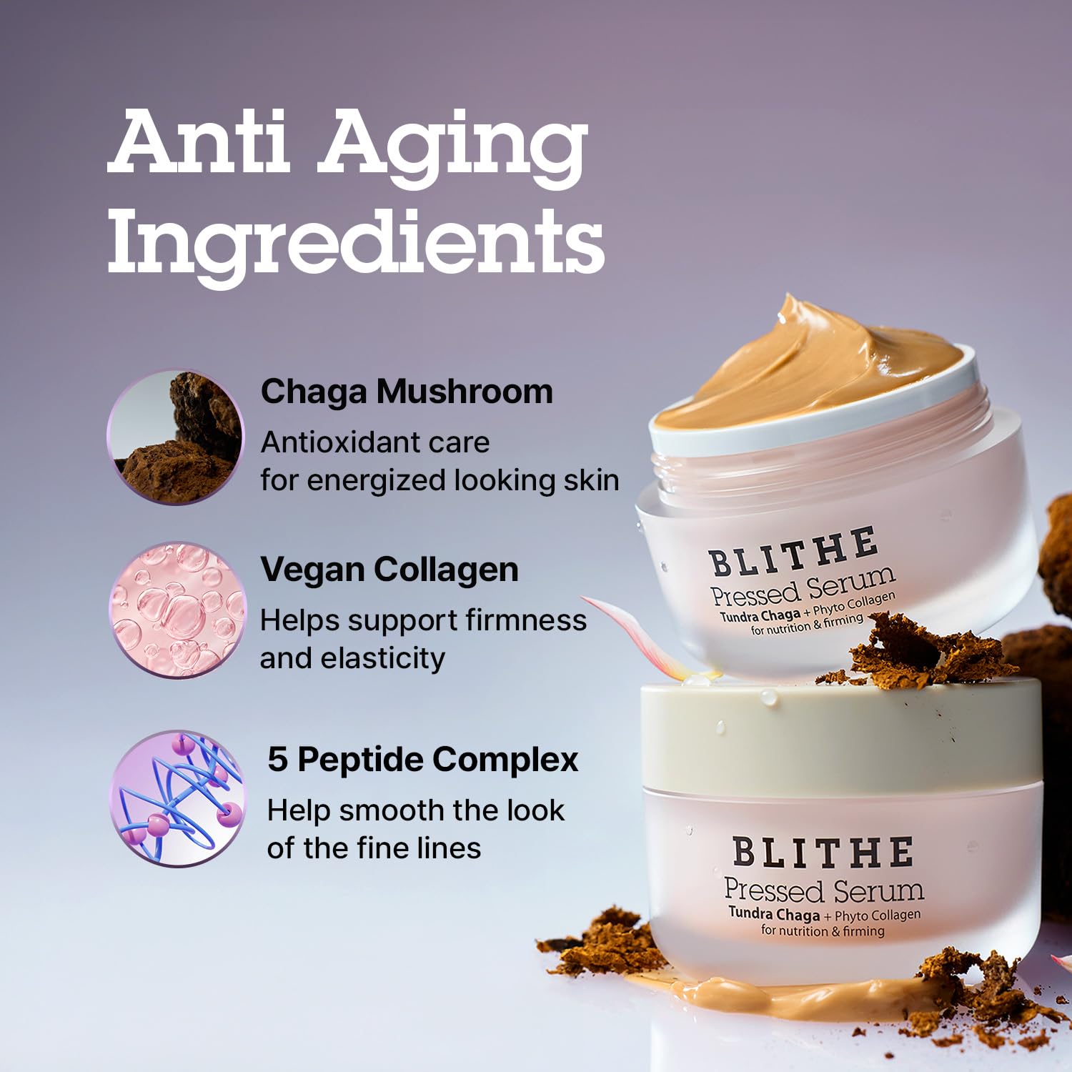 BLITHE Pressed Serum Tundra Chaga ingredients label highlights nourishing oils.