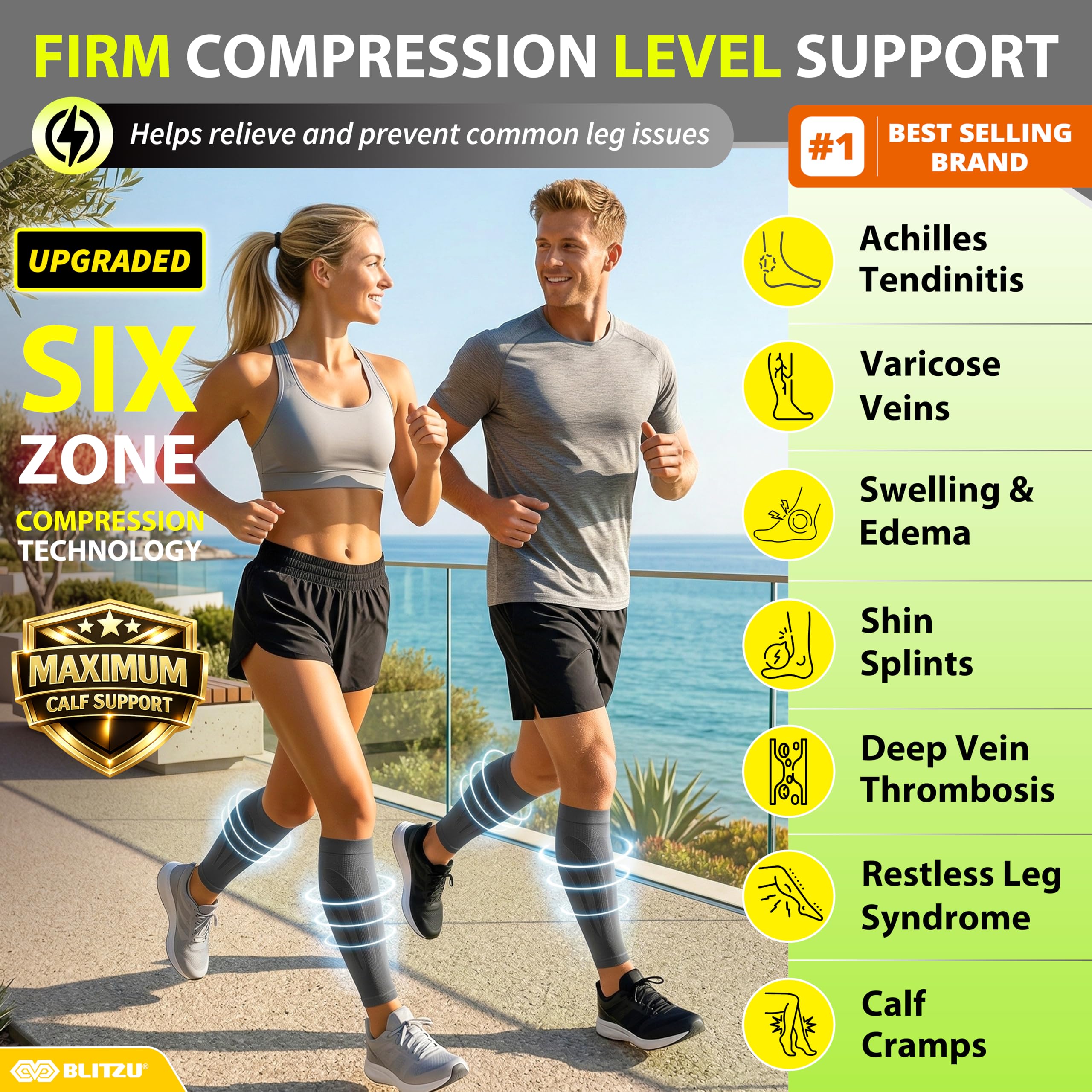 BLITZU calf sleeve showing kinesiology strips for targeted support