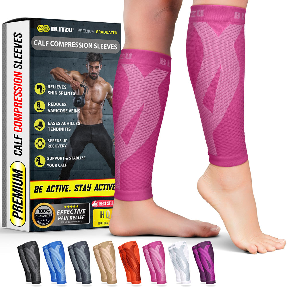 BLITZU pink calf sleeve front view showing breathable fabric for all day wear