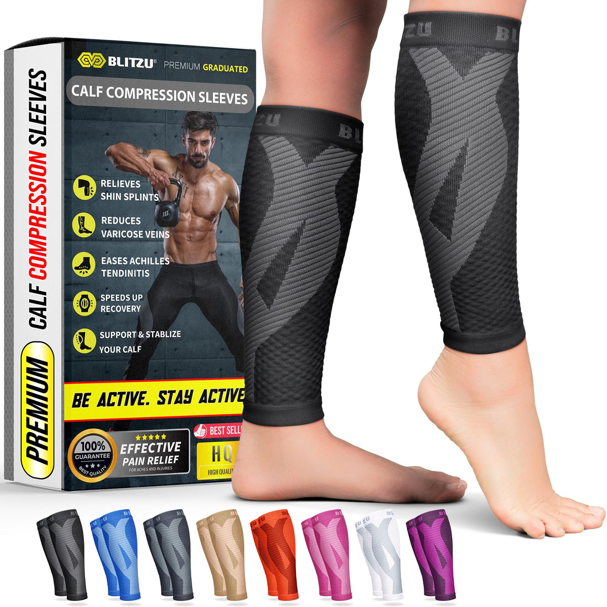 BLITZU calf sleeves flatlay showing breathable fabric for all-day comfort.
