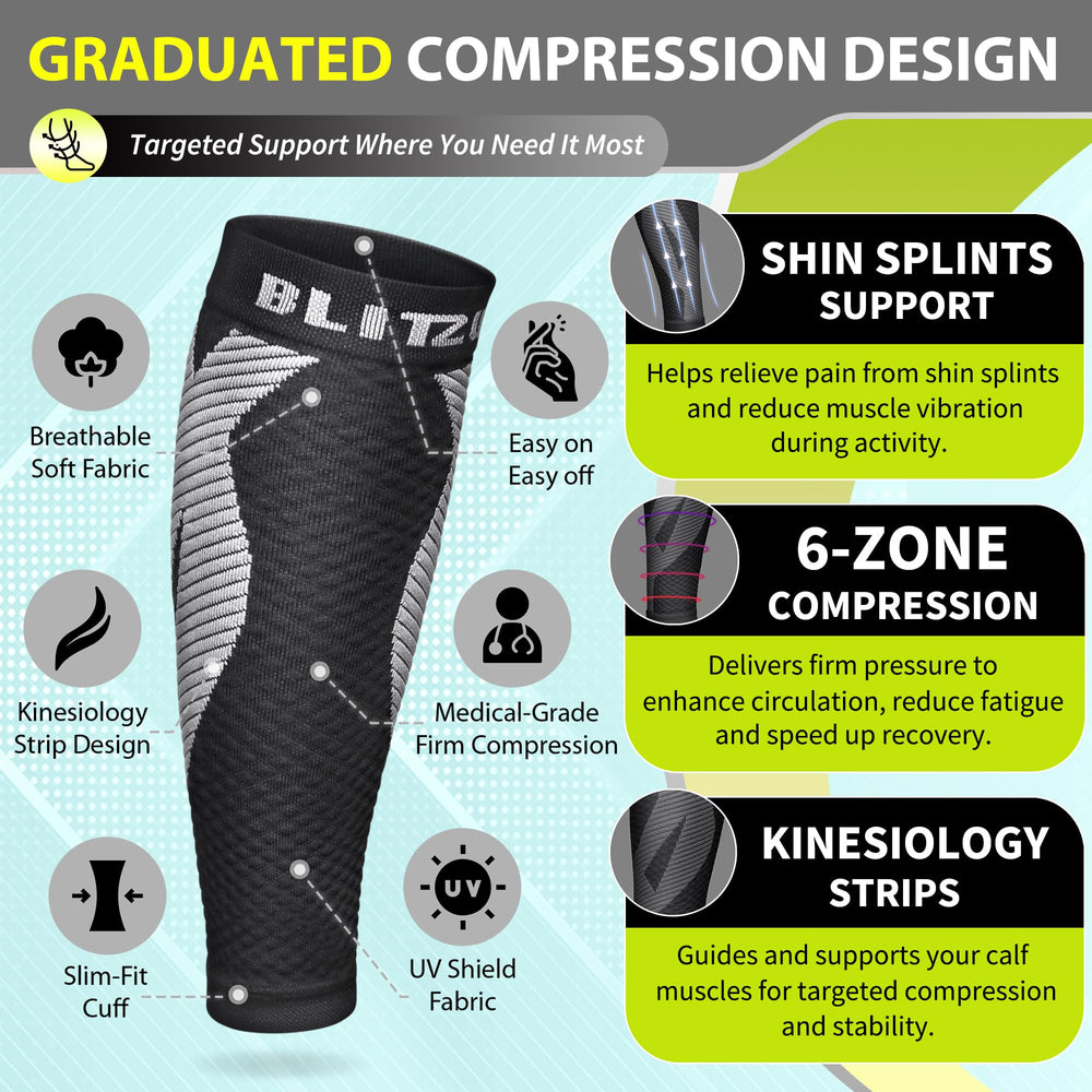 BLITZU calf sleeves closeup of kinesiology strips for targeted support.