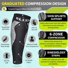 BLITZU calf sleeves closeup of kinesiology strips for targeted support.
