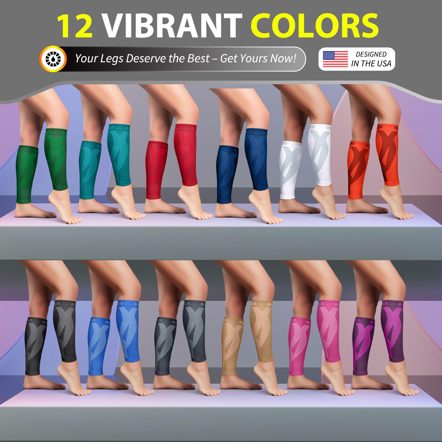 BLITZU calf sleeves vein support illustration emphasizing compression benefits.