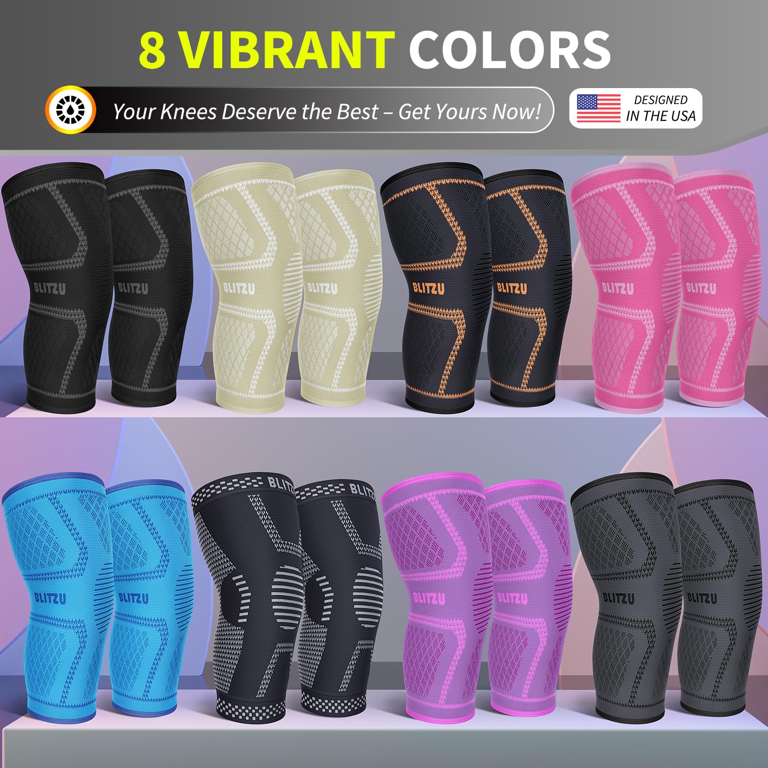 BLITZU knee brace packaging view emphasizes two-pack convenience.