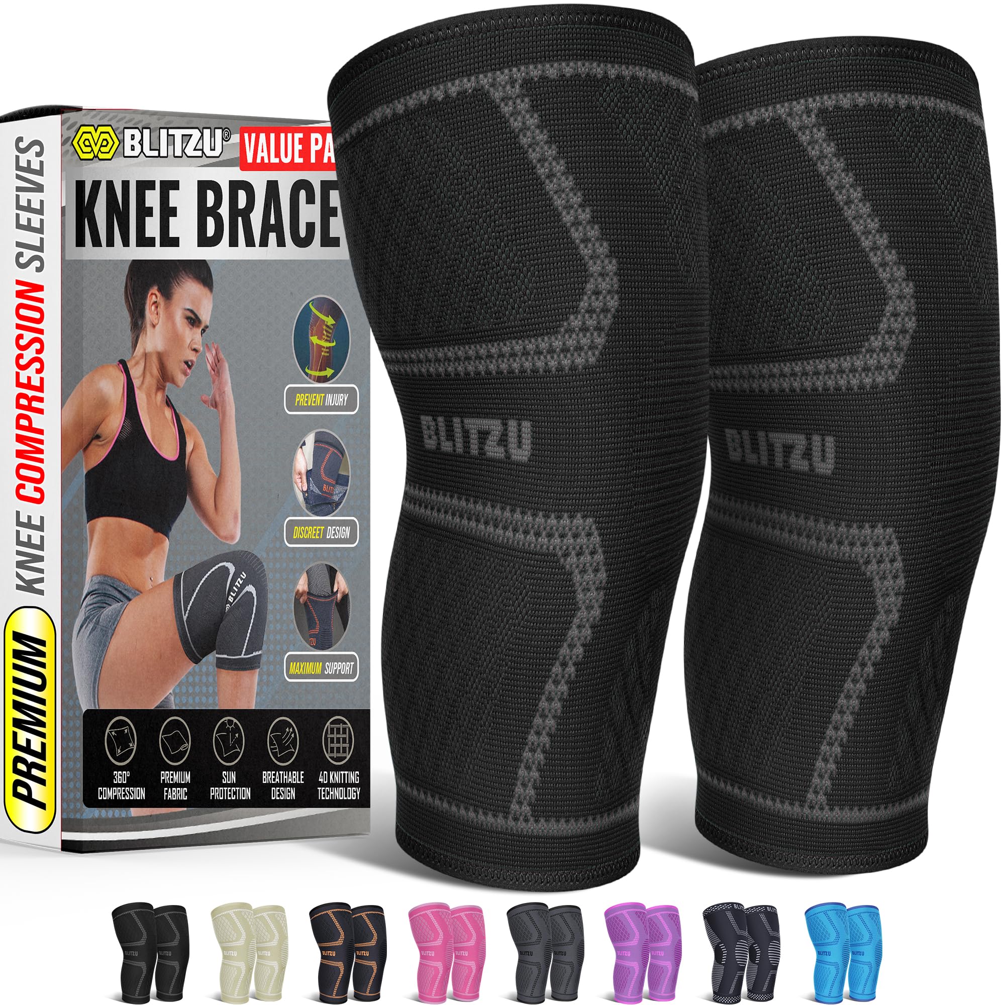 BLITZU knee brace pair on leg provides stable support during workouts.