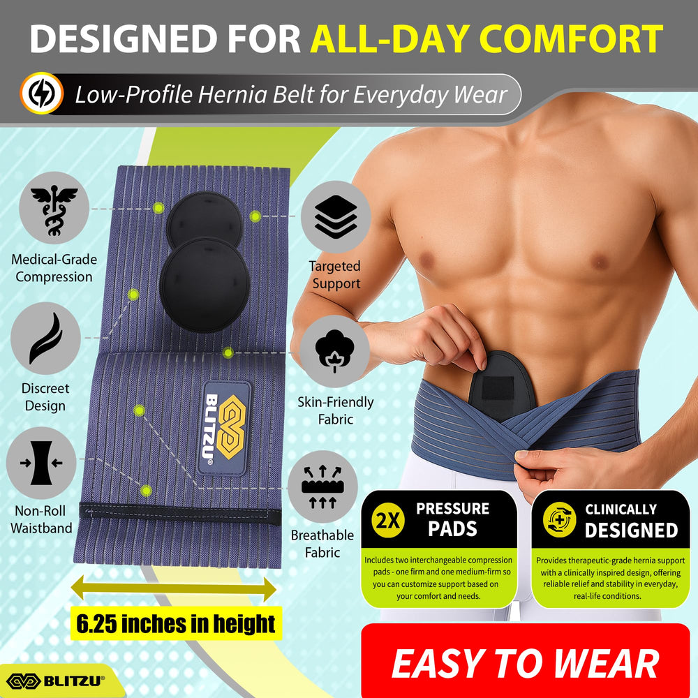 BLITZU Umbilical Hernia Belt worn under clothes for discreet daytime support.
