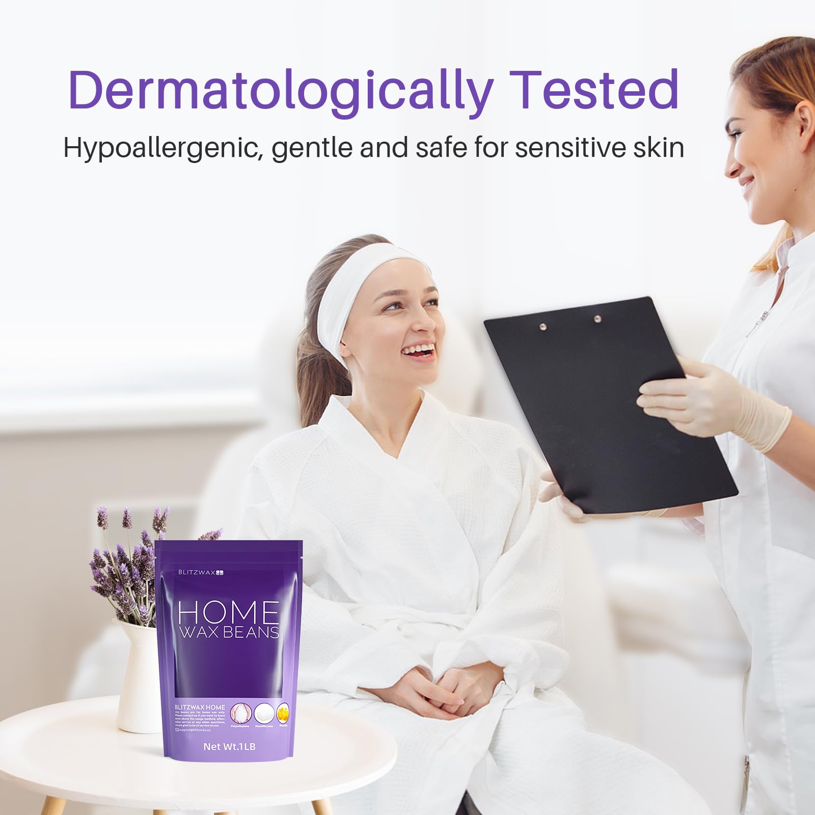 BLITZWAX Lavender hard wax beads used on the face for gentle removal.