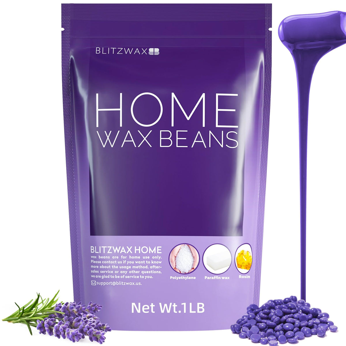 BLITZWAX Lavender hard wax beads packaging for at-home use and salon-quality results.