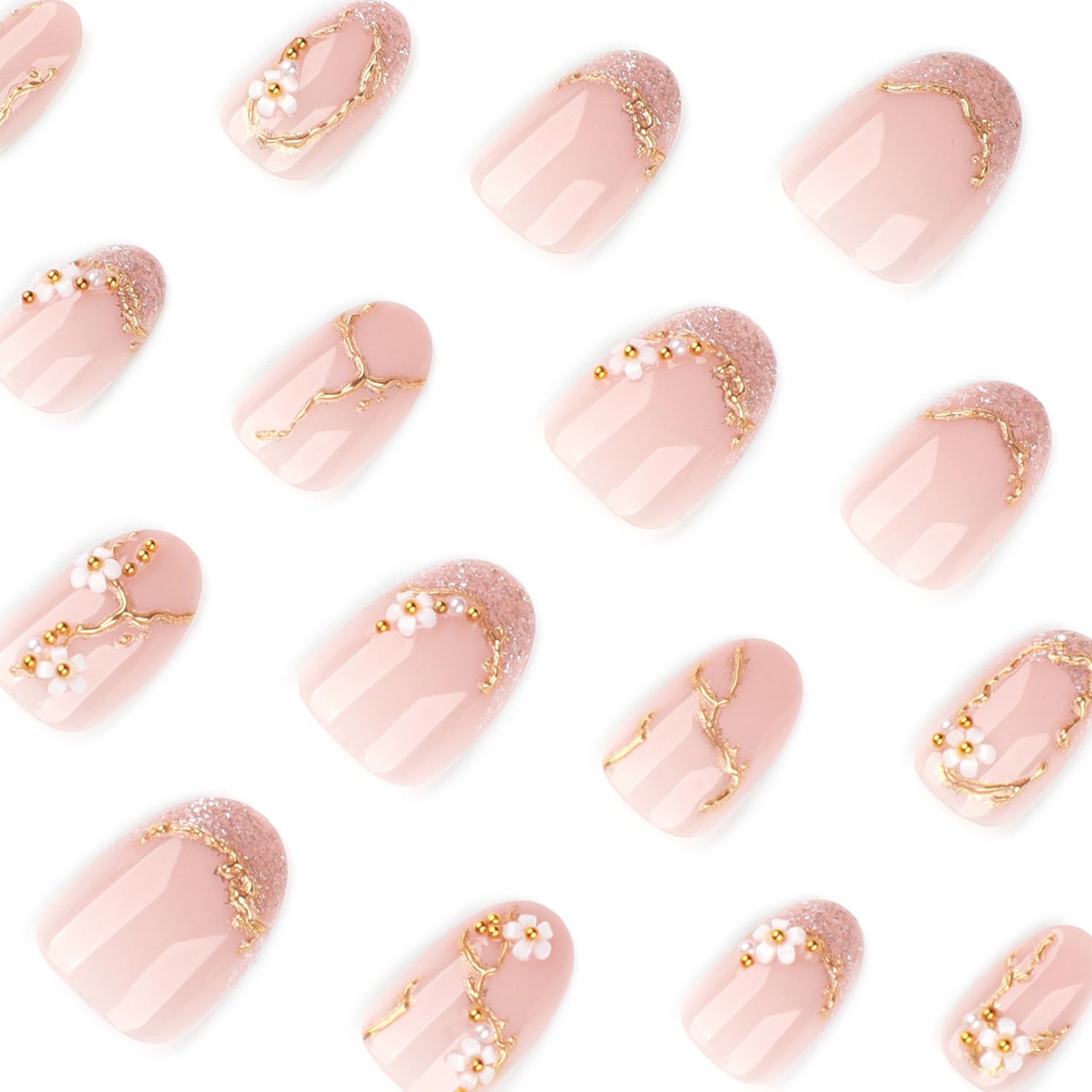 Bloazife full-cover glue-on nails with floral accents for quick glam looks.