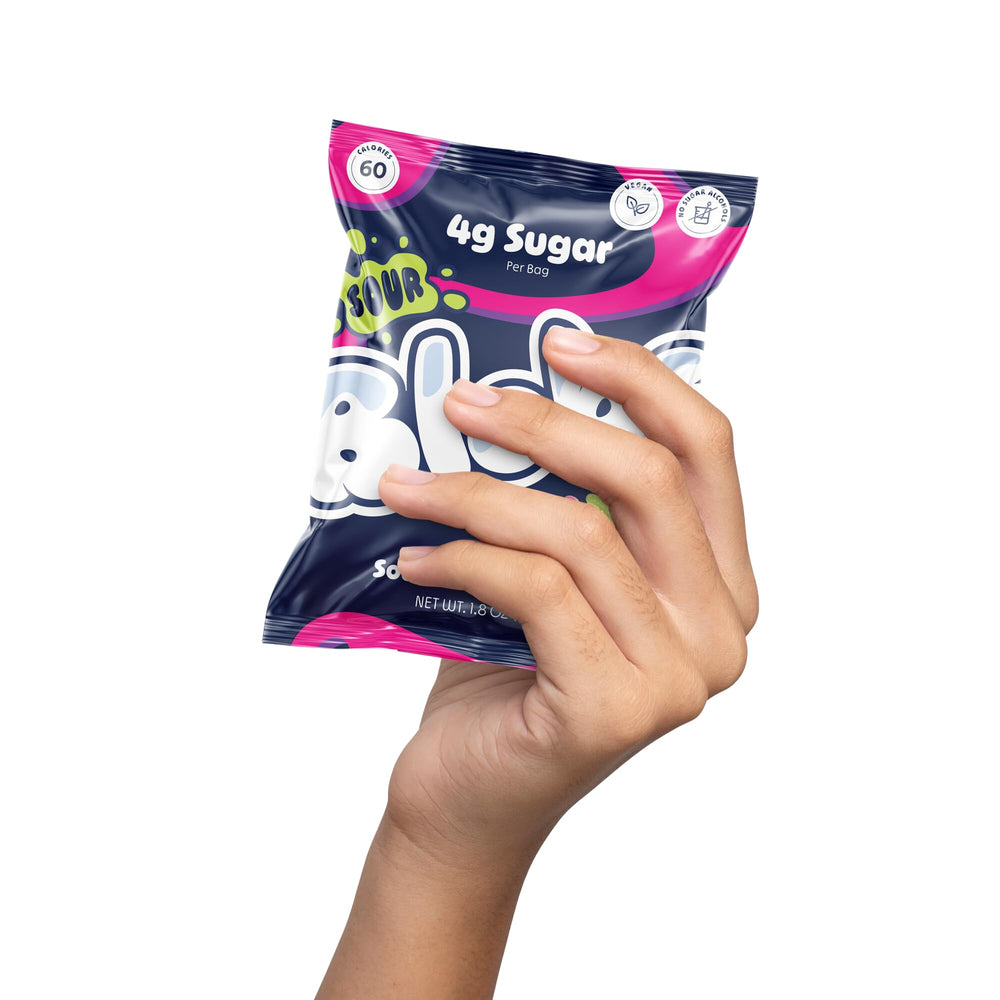 Blobs Low-sugar label closeup emphasizes no sugar alcohols or dyes.