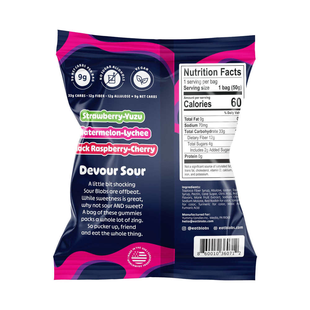 Blobs Sour Gummies Black Raspberry-Cherry jar view showcases vibrant, low-sugar candy.