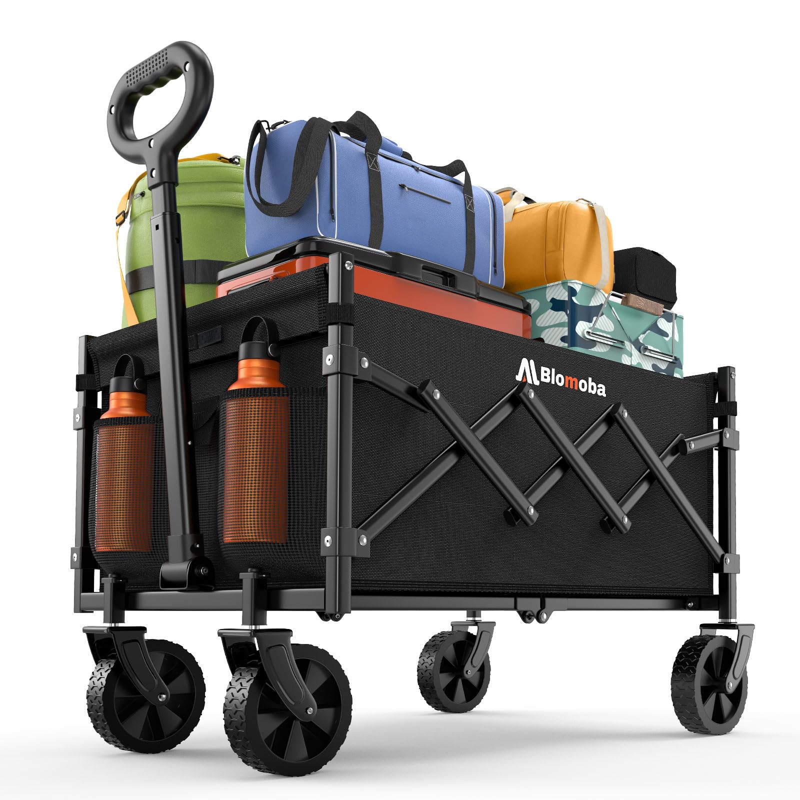 Blomoba collapsible wagon with 360 wheels for smooth off-road transport.