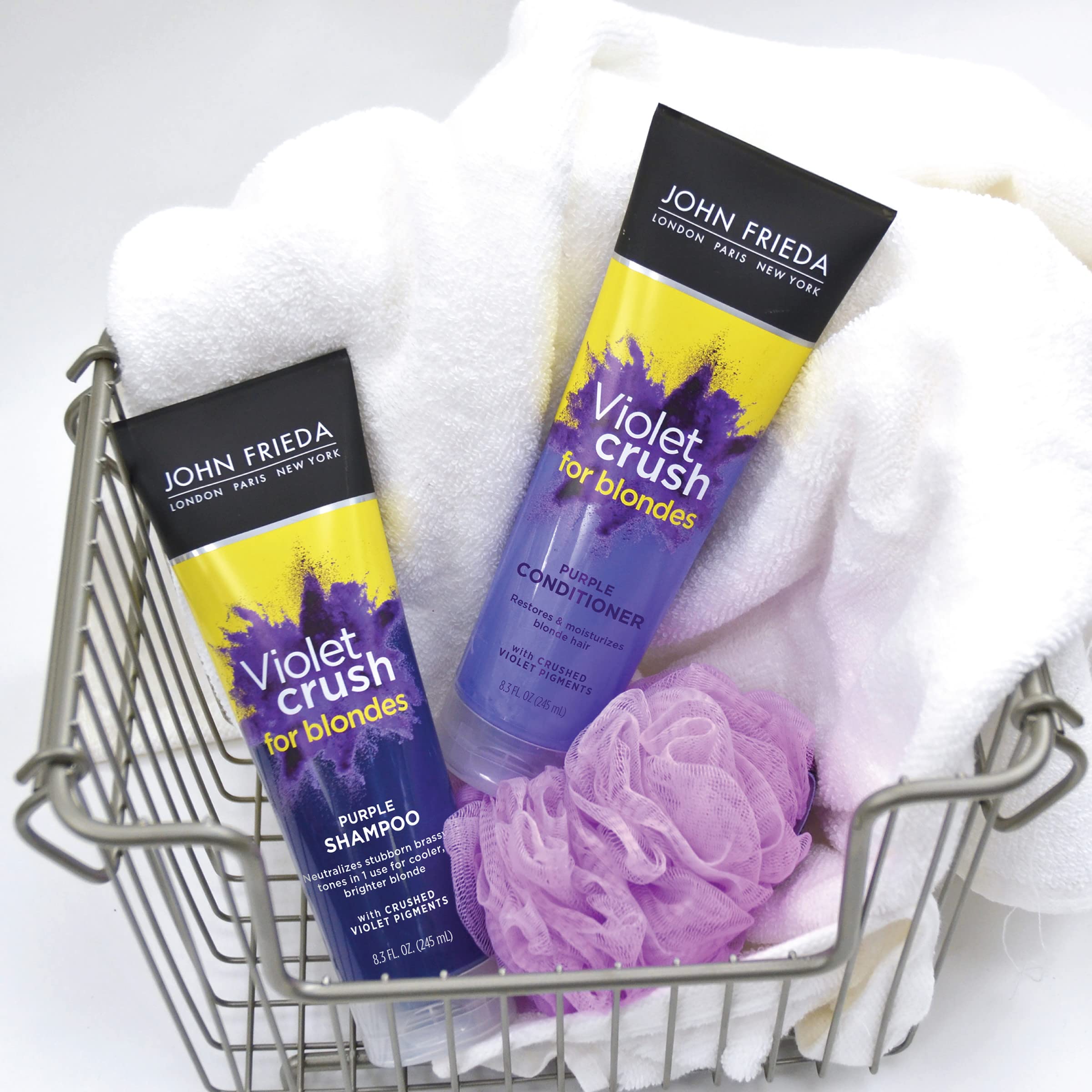 John Frieda Violet Crush for blonde hair neutralizes brassy tones.