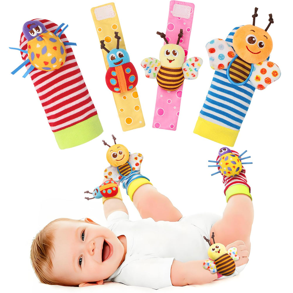 Bloobloomax wrist rattle socks on baby wrist encouraging grasp and exploration.