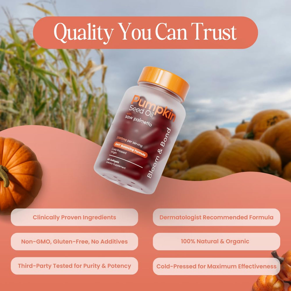 Illustration of pumpkin seed oil and saw palmetto labels on Bloom & Bond packaging