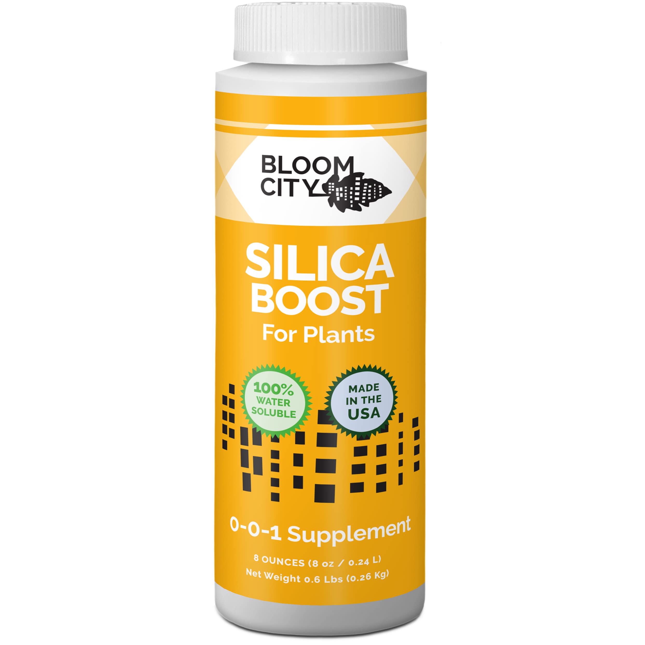 Bloom City Liquid Silica Boost bottle label highlighting plant silica support for stronger growth.