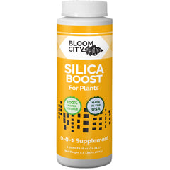 Bloom City Liquid Silica Boost bottle label highlighting plant silica support for stronger growth.