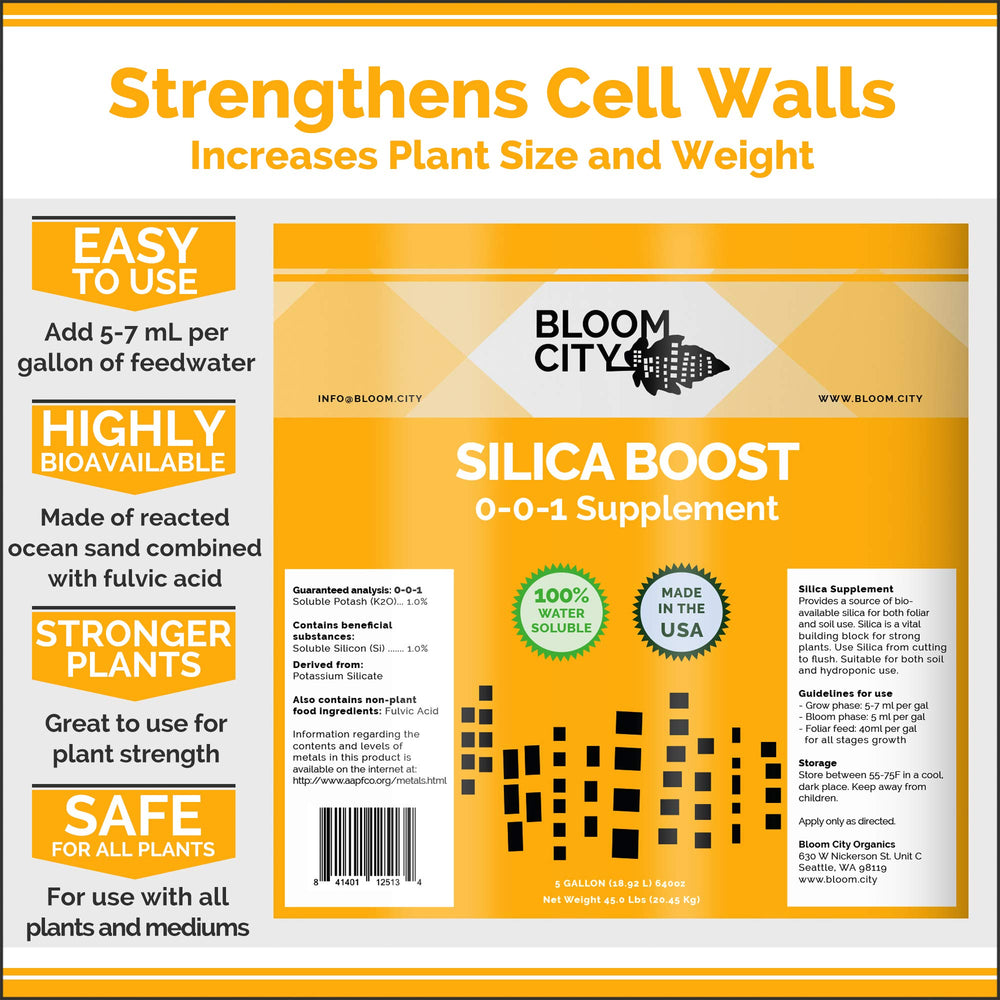Bloom City Liquid Silica Boost enables sturdy stems during indoor and outdoor growth.