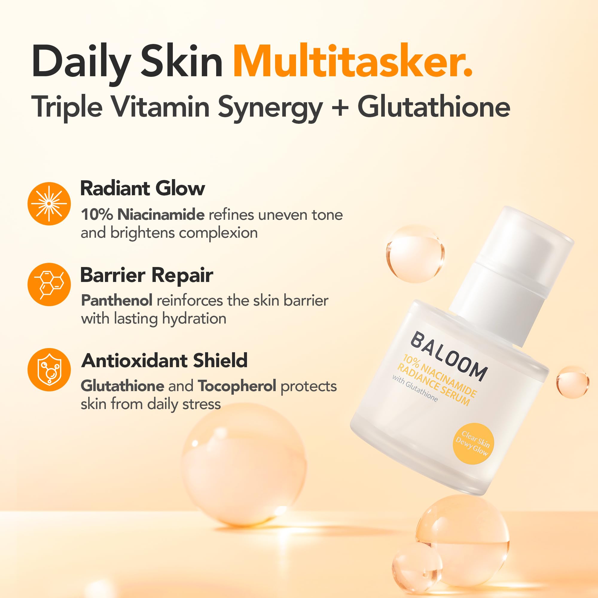 BALOOM Niacinamide Serum with Glutathione focuses on spot care and discoloration reduction.