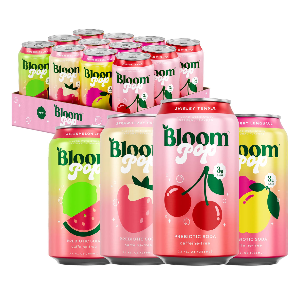 Bloom Pop by Bloom Nutrition variety pack of 12oz cans for refreshing, gut-friendly sipping