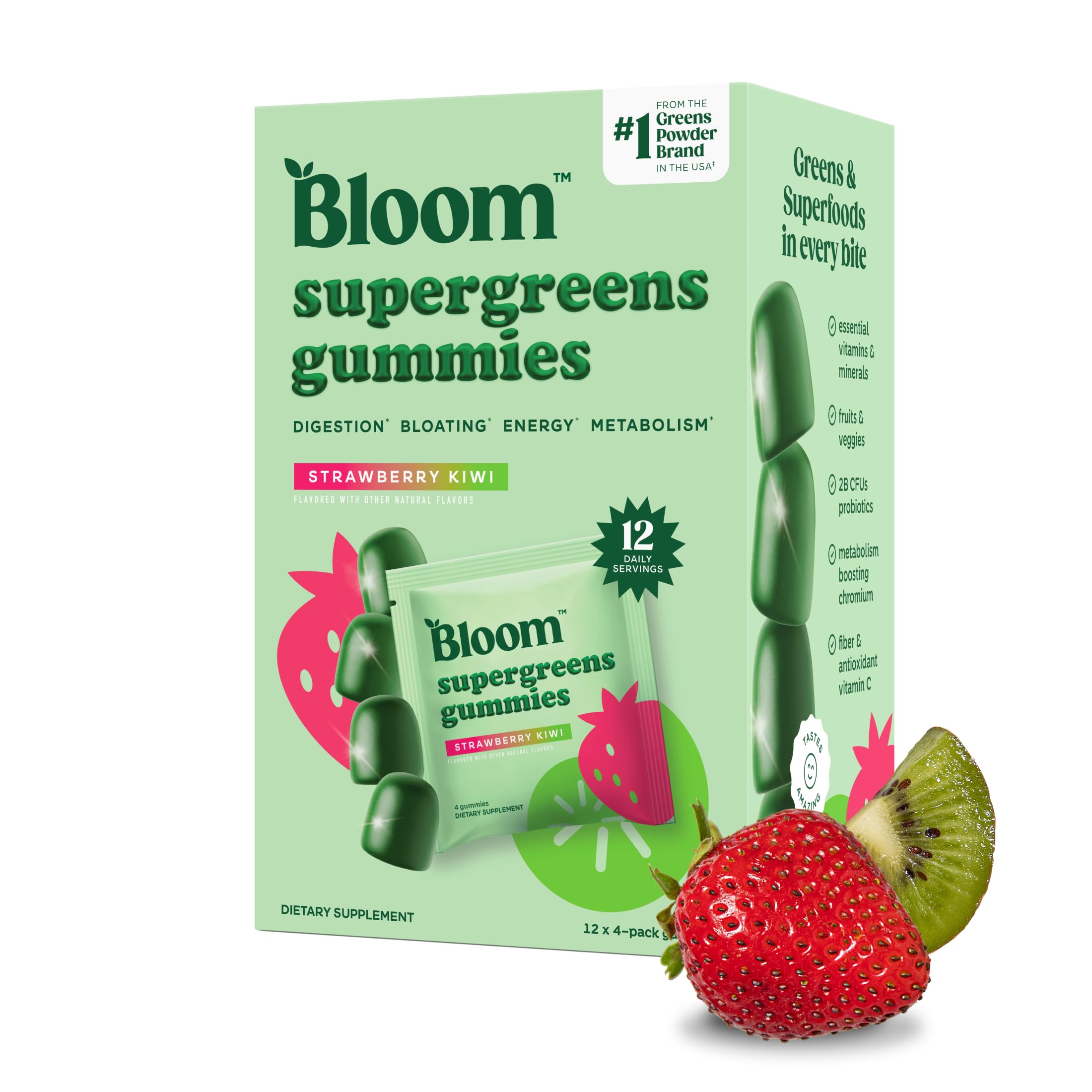 Bloom Nutrition Bloom Super Greens Gummies bottle front for easy daily greens support.