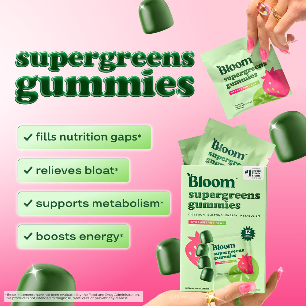 Bloom Nutrition Bloom Super Greens Gummies serving plate highlighting portable daily fiber and digestion-friendly benefits.