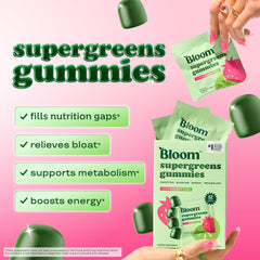 Bloom Nutrition Bloom Super Greens Gummies serving plate highlighting portable daily fiber and digestion-friendly benefits.