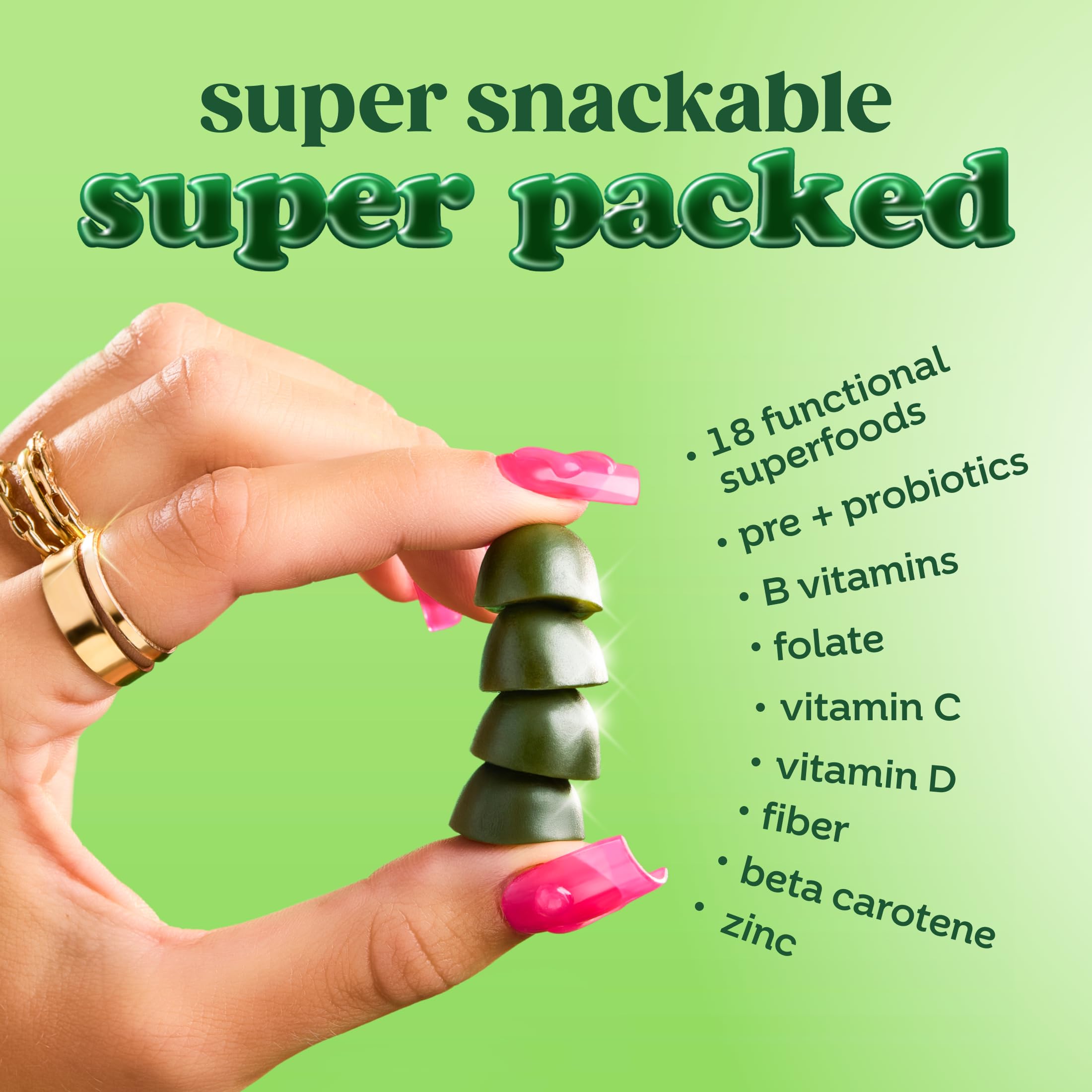 Bloom Nutrition Bloom Super Greens Gummies strawberry-kiwi flavor shown for refreshing taste and digestion-friendly routine.