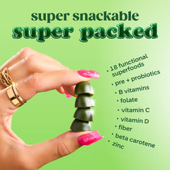 Bloom Nutrition Bloom Super Greens Gummies strawberry-kiwi flavor shown for refreshing taste and digestion-friendly routine.