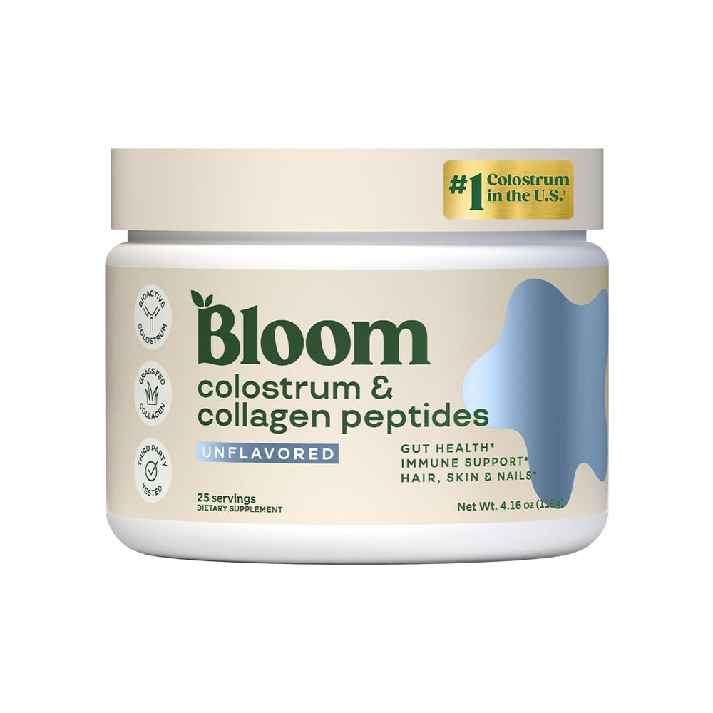 Bloom Nutrition Bovine Colostrum Powder bottle shows convenient daily immune and gut support